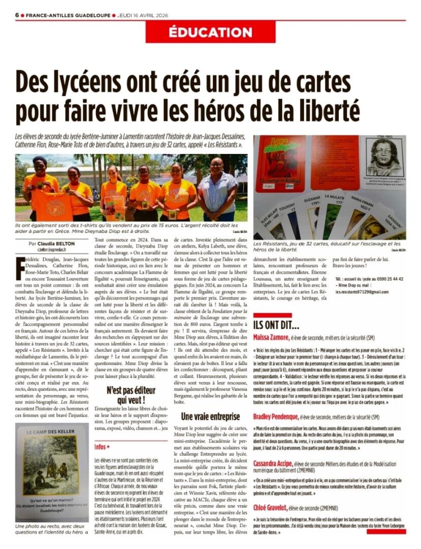 Article France-Antilles 16 avril 2026 projet élèves lycée Bertène Juminer jeu de cartes Les Résistants